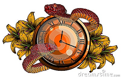 Vector Pocket Watch and Flower Traditional Tattoo Vector Illustration