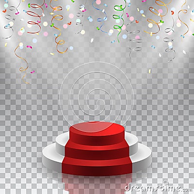 Vector podium with red carpet, reflection and colorful falling c Vector Illustration