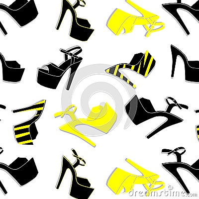 Vector pole dance shoes. High heels pattern for striptease, Striped black yellow exotic dancer boots. Silhouette Vector Illustration