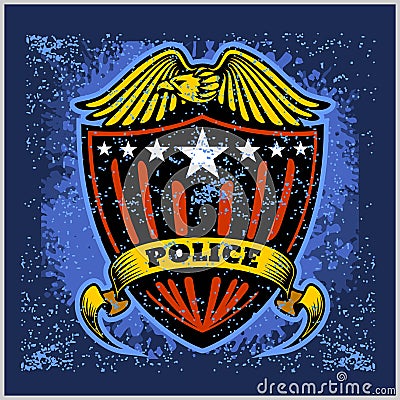 Vector Police Badge and Shield Label on grunge background. Vector Illustration