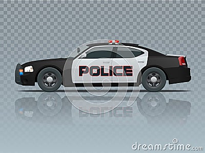Vector Police car with rooftop flashing lights, a siren and emblems. Vector Illustration