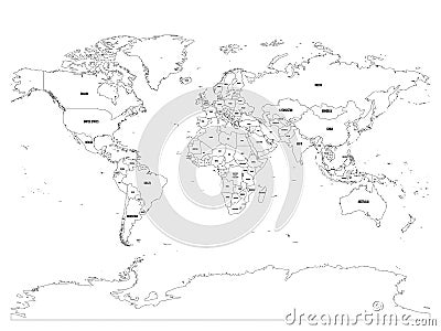 Vector political map of world. Black outline on white background with country name labels Vector Illustration