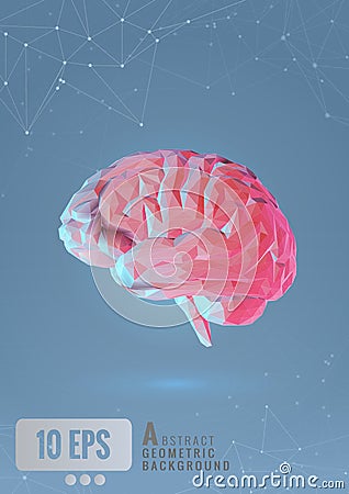 Polygonal brain with connected dots on blue BG Vector Illustration