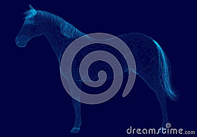 Vector polygonal horse wireframe made of blue lines on a dark background. Side view. 3D. Vector illustration Vector Illustration