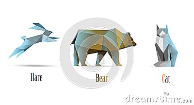 Vector polygonal illustration of animals cat, bear, hare, modern low poly icons, origami style isolated Vector Illustration