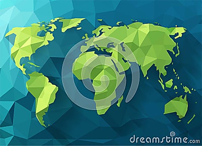 Vector polygonal world map. Green poligonal continents on blue background Vector Illustration