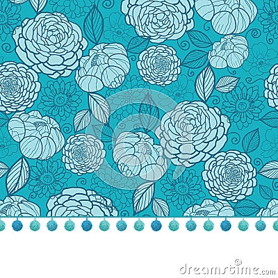 Vector pompom border trim on blue flowers seamless repeat pattern design background print. Perfect for clothing, fabric Vector Illustration