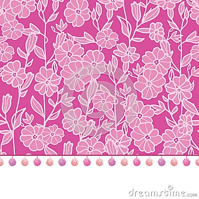 Vector pompom border trim on pink flowers seamless repeat pattern design background print. Perfect for clothing, fabric Vector Illustration