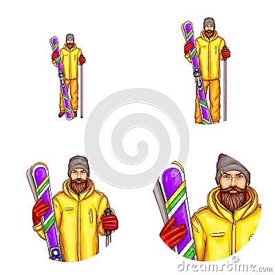 Vector pop art avatar, icon for blog, chat of snowboarder - cartoon bearded man in snowboarding suit, holding snowboard Vector Illustration