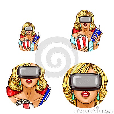 Vector pop art avatar, icon of pin up girl in glasses of virtual reality with popcorn, soda. Cinema, 3d, VR,concept Vector Illustration