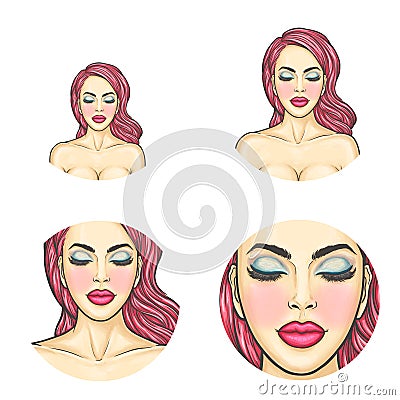 Vector pop art avatar, icon - woman s face with colored dyed hair, bright makeup for chat, blog, networking. Vector Illustration