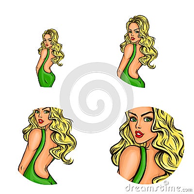 Vector pop art avatar of pin up fashion girl in green dress for chat, blog, web. Great icon for invitations, advertising Vector Illustration