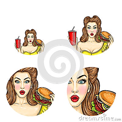 Vector pop art avatar of pin up girl holds hamburger and cola. Illustration for fast food restaurant or obesity concept Vector Illustration