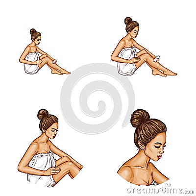 Vector pop art avatar - brunette woman in white towel shaves legs with electric razor, shaver. Networking icon for Vector Illustration