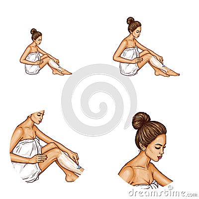 Vector pop art avatar - brunette woman in white towel shaves legs with razor blade. Networking icon for chat Vector Illustration