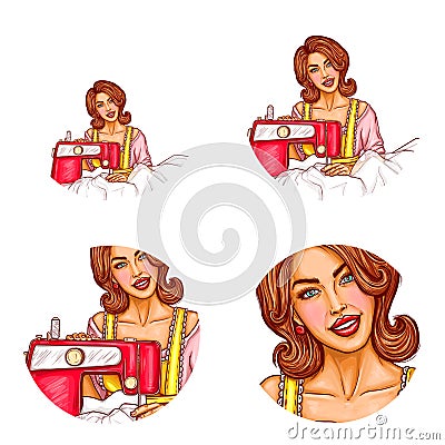 Vector pop art avatar of woman dressmaker for chat, blog. Icon of tailor, seamstress in atelier with sewing machine Vector Illustration