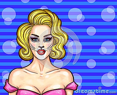 Vector pop art beautiful blonde woman with cat make-up Vector Illustration