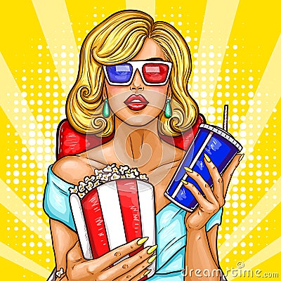 Vector pop art blond woman sitting in the auditorium and watching a 3D movie. Vector Illustration
