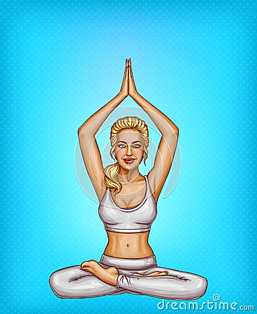 Vector pop art blonde girl doing yoga, padmasana Vector Illustration