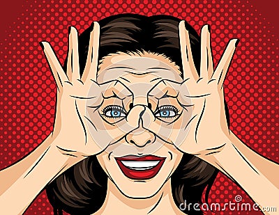 Vector pop art comic style illustration of a young woman face. A girl in search of something. The girl crossed her fingers and Cartoon Illustration