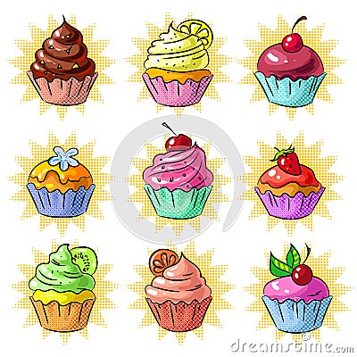 Vector pop art tasty cupcake patch or sticker set Vector Illustration