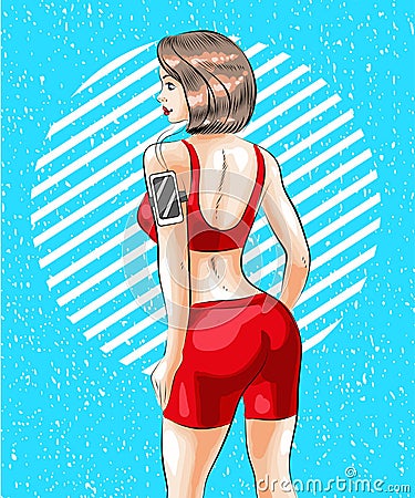 Vector pop art fitness girl with armband mobile phone holder Vector Illustration