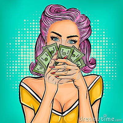 Vector pop art girl with cash Vector Illustration