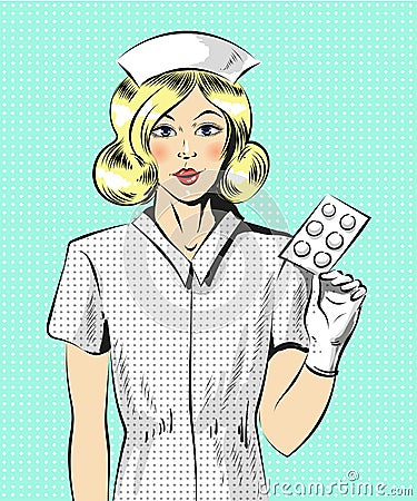 Vector pop art illustration of beautiful nurse with pills Vector Illustration