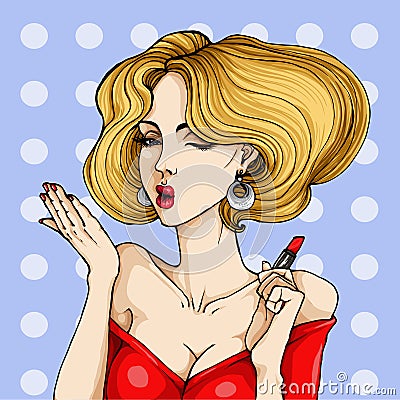 Vector pop art illustration of a beautiful woman made up her lips with red lipstick Vector Illustration
