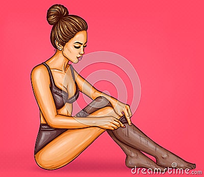 Vector pop art illustration of a beautiful young woman in black lingerie dresses a nylon stocking Vector Illustration
