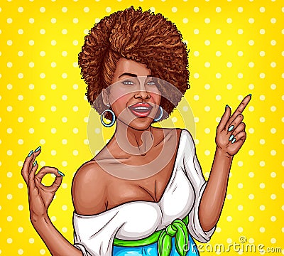 Vector pop art illustration of a black woman shows the OK sign and points the finger to the direction Vector Illustration