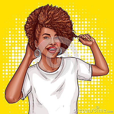 Vector pop art illustration of a black woman touches her hair. Vector Illustration