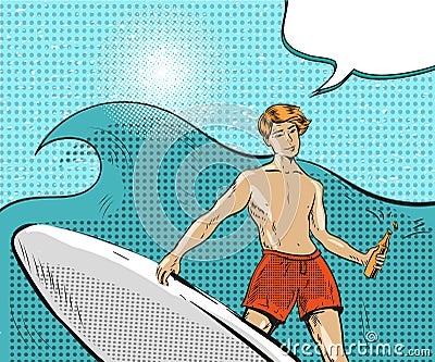 Vector pop art illustration of boy riding on ocean wave Vector Illustration