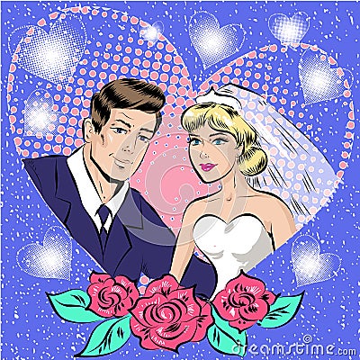 Vector pop art illustration of bride and groom Vector Illustration