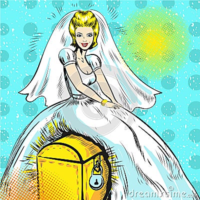 Vector pop art illustration of bride sitting on chest Vector Illustration