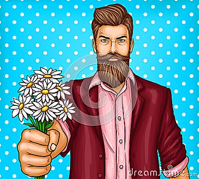 Vector pop art illustration of a brutal bearded man, macho with bouquet of chamomiles Vector Illustration