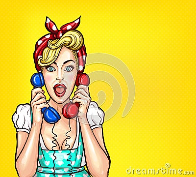 Vector pop art illustration of an excited surprised blond woman with a two telephone receiver in her hand. Vector Illustration