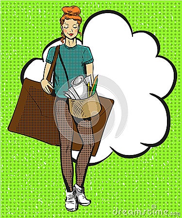 Vector pop art illustration of female artist. Vector Illustration