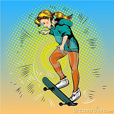 Vector pop art illustration of girl riding skateboard Vector Illustration