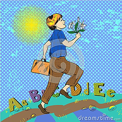 Vector pop art illustration of happy boy running to school Vector Illustration