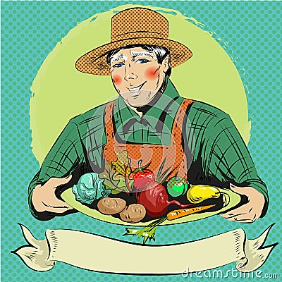 Vector pop art illustration of happy farmer with vegetables Vector Illustration