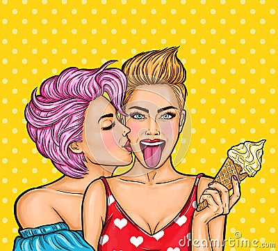 Vector Pop Art illustration of a lesbian couple kissing. Vector Illustration