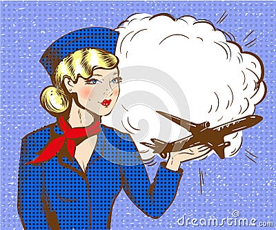 Vector pop art illustration of stewardess with airplane Vector Illustration