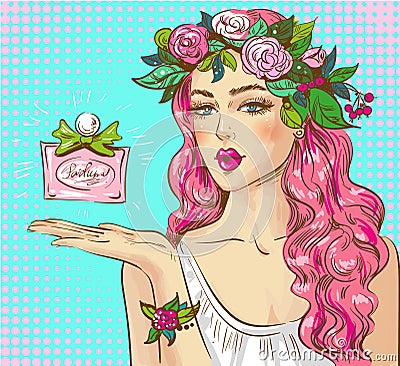 Vector pop art illustration of woman advertising perfume Vector Illustration