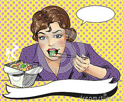 Vector pop art illustration of woman eating takeout food Vector Illustration