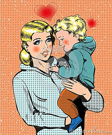 Vector pop art illustration of woman holding her child Vector Illustration