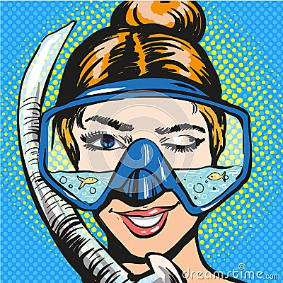 Vector pop art illustration of woman in scuba diving equipment Vector Illustration