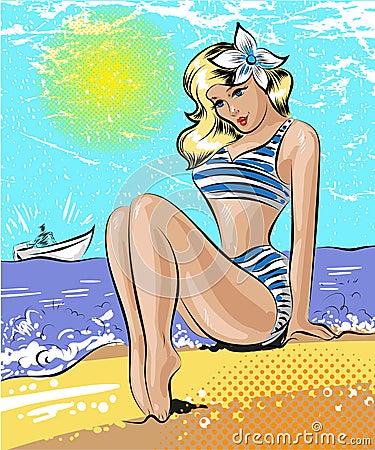 Vector pop art illustration of woman at the seaside Vector Illustration