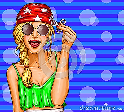 Vector pop art illustration of a young girl, teenager playing with a fidget spinner. Vector Illustration