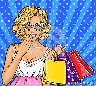 Vector pop art illustration of a young happy girl holding shopping bags. Vector Illustration